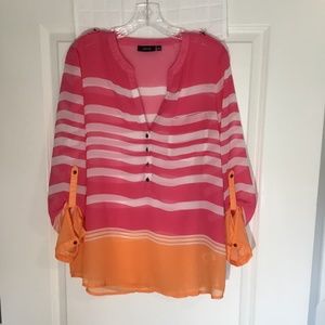 Apt9 Ladies Sheer Blouse Pink/White/Orange Strip Size L